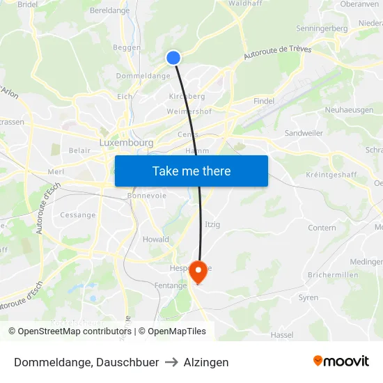 Dommeldange, Dauschbuer to Alzingen map