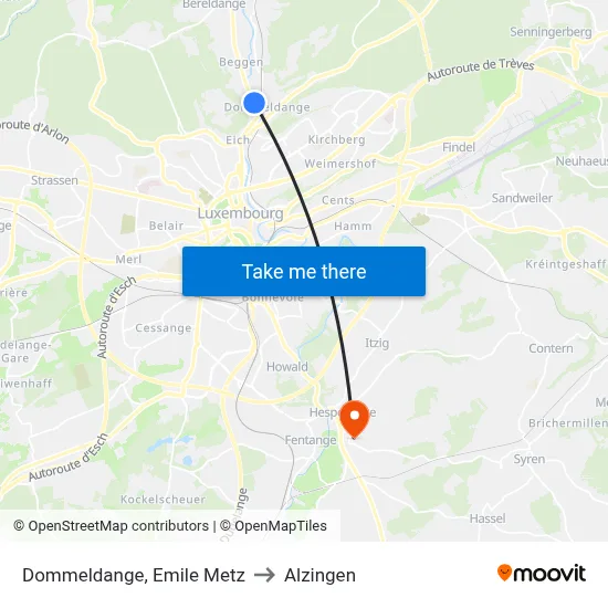 Dommeldange, Emile Metz to Alzingen map
