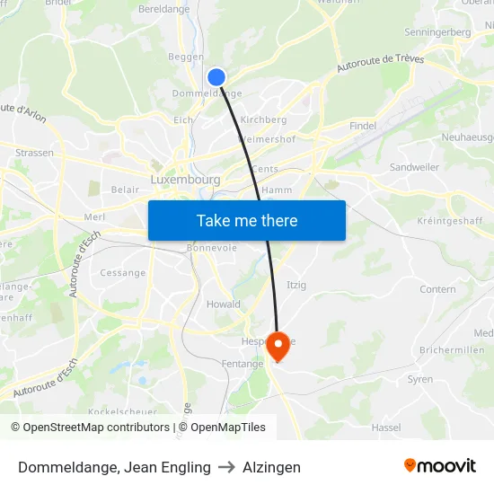 Dommeldange, Jean Engling to Alzingen map