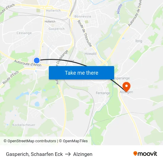Gasperich, Schaarfen Eck to Alzingen map