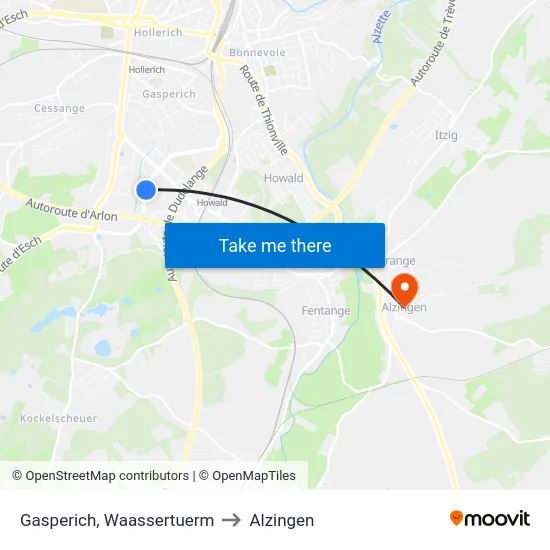 Gasperich, Waassertuerm to Alzingen map