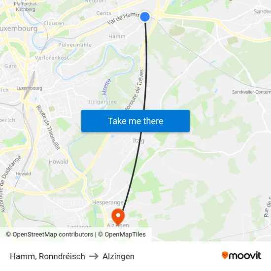 Hamm, Ronndréisch to Alzingen map
