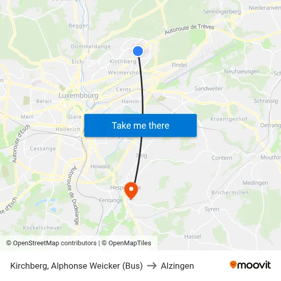 Kirchberg, Alphonse Weicker (Bus) to Alzingen map