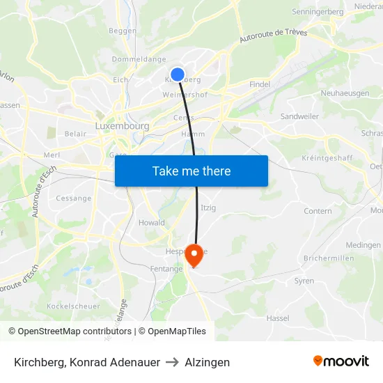 Kirchberg, Konrad Adenauer to Alzingen map