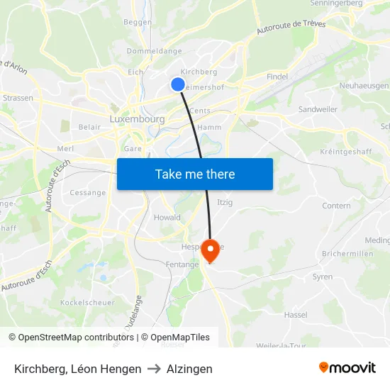 Kirchberg, Léon Hengen to Alzingen map