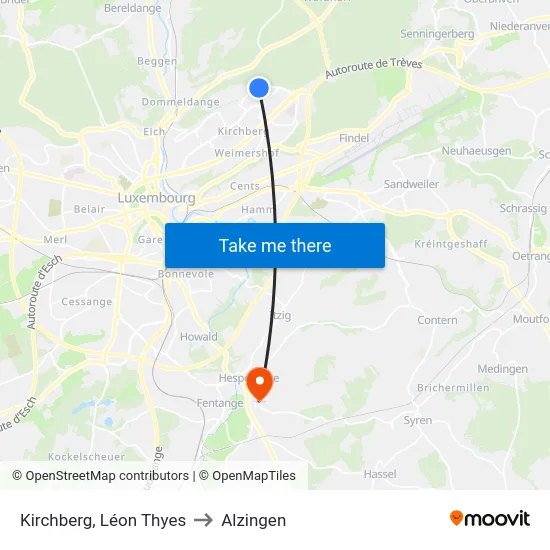 Kirchberg, Léon Thyes to Alzingen map