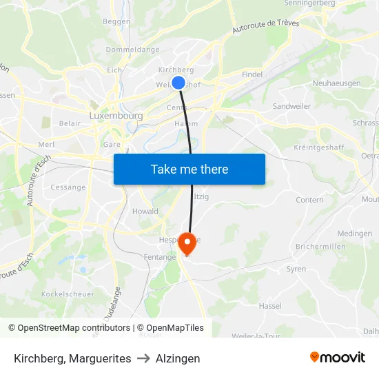 Kirchberg, Marguerites to Alzingen map