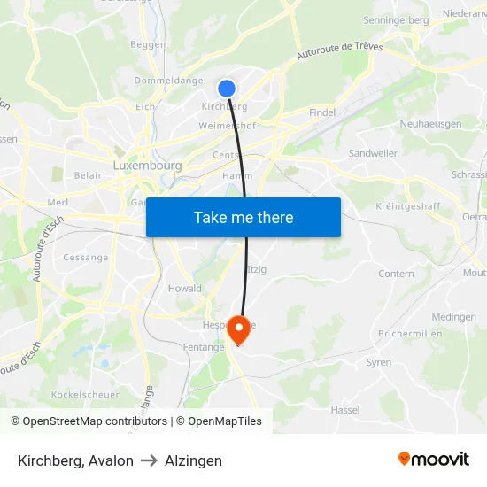 Kirchberg, Avalon to Alzingen map