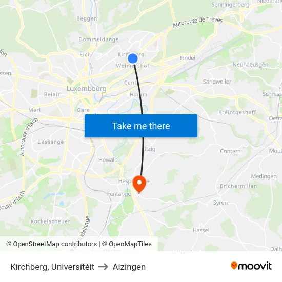 Kirchberg, Universitéit to Alzingen map