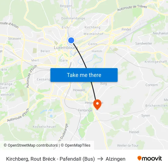 Kirchberg, Rout Bréck - Pafendall (Bus) to Alzingen map