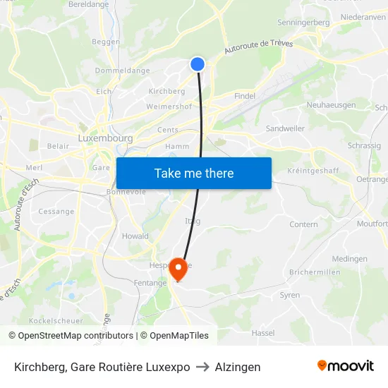 Kirchberg, Gare Routière Luxexpo to Alzingen map