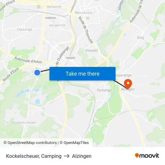 Kockelscheuer, Camping to Alzingen map