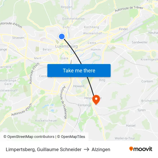 Limpertsberg, Guillaume Schneider to Alzingen map