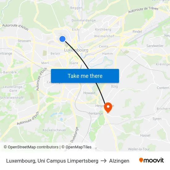 Luxembourg, Uni Campus Limpertsberg to Alzingen map