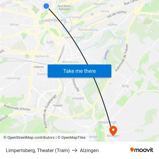 Limpertsberg, Theater (Tram) to Alzingen map