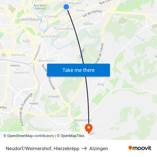 Neudorf/Weimershof, Hierzekrëpp to Alzingen map