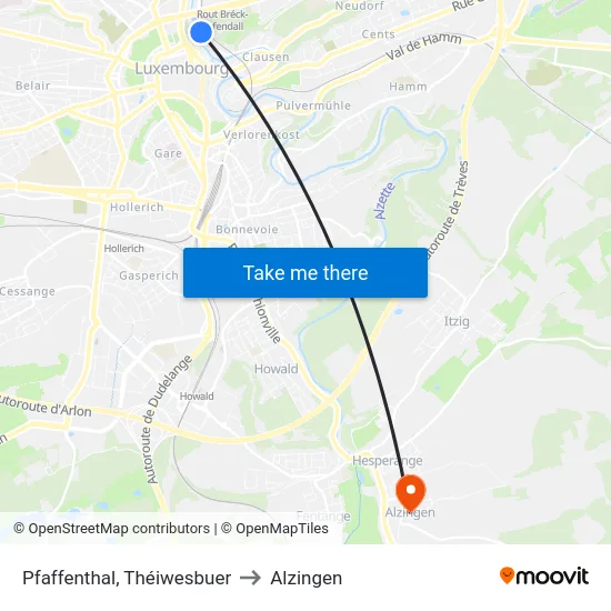 Pfaffenthal, Théiwesbuer to Alzingen map