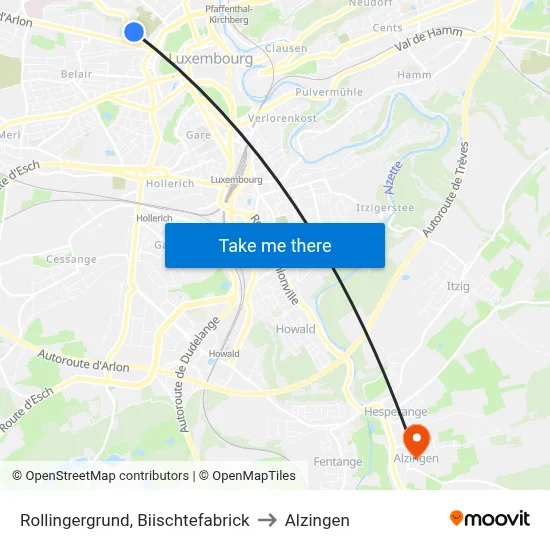Rollingergrund, Biischtefabrick to Alzingen map