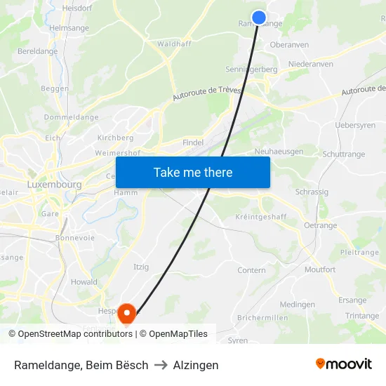 Rameldange, Beim Bësch to Alzingen map