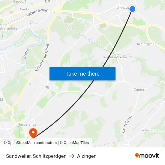 Sandweiler, Schiltzperdgen to Alzingen map