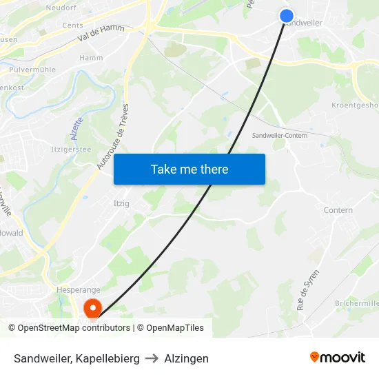 Sandweiler, Kapellebierg to Alzingen map