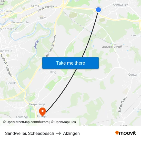 Sandweiler, Scheedbësch to Alzingen map