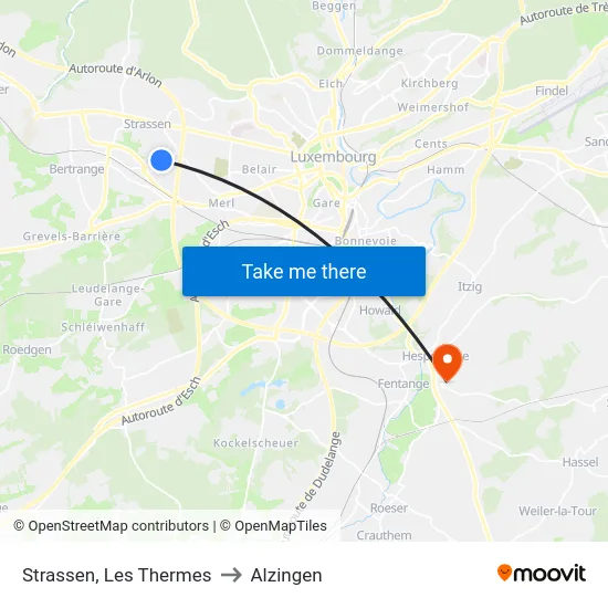 Strassen, Les Thermes to Alzingen map