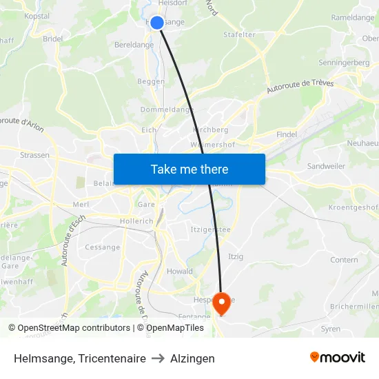 Helmsange, Tricentenaire to Alzingen map