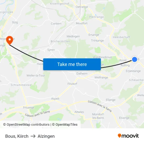 Bous, Kiirch to Alzingen map