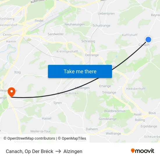 Canach, Op Der Bréck to Alzingen map