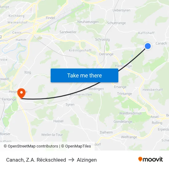 Canach, Z.A. Rëckschleed to Alzingen map