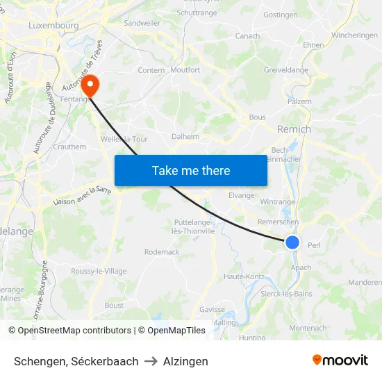 Schengen, Séckerbaach to Alzingen map