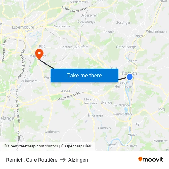 Remich, Gare Routière to Alzingen map