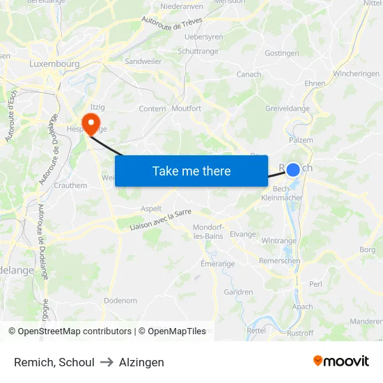 Remich, Schoul to Alzingen map