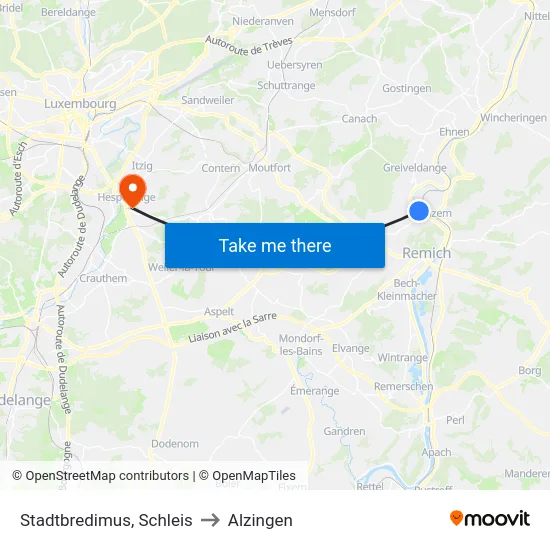 Stadtbredimus, Schleis to Alzingen map