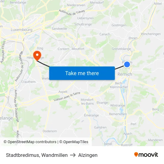 Stadtbredimus, Wandmillen to Alzingen map