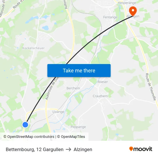 Bettembourg, 12 Gargullen to Alzingen map