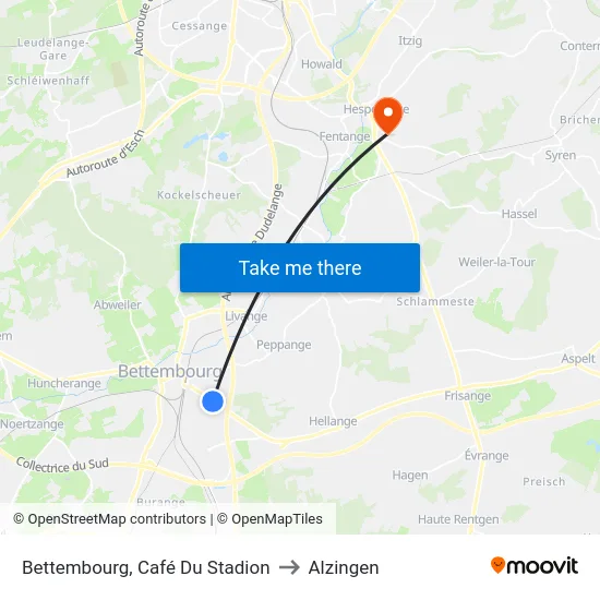 Bettembourg, Café Du Stadion to Alzingen map
