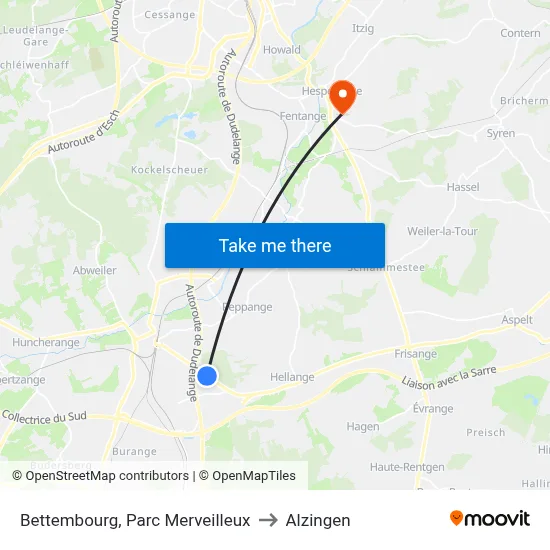 Bettembourg, Parc Merveilleux to Alzingen map