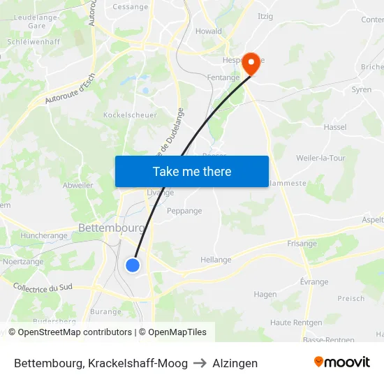 Bettembourg, Krackelshaff-Moog to Alzingen map
