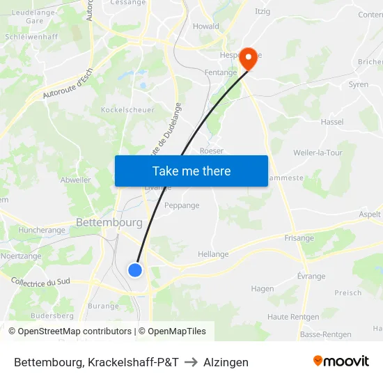 Bettembourg, Krackelshaff-P&T to Alzingen map