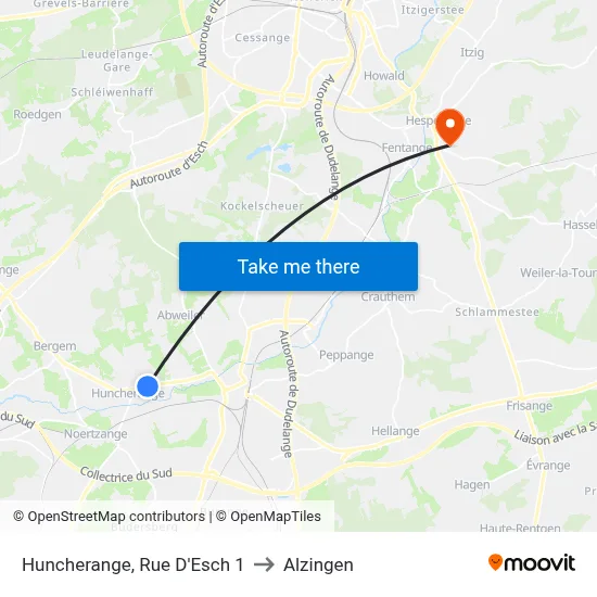 Huncherange, Rue D'Esch 1 to Alzingen map