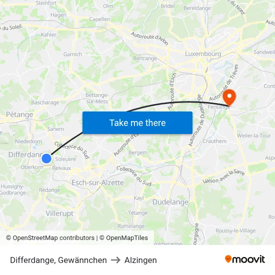 Differdange, Gewännchen to Alzingen map