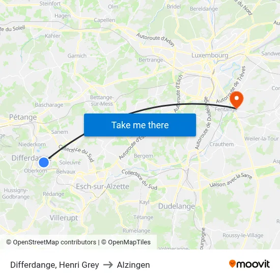 Differdange, Henri Grey to Alzingen map