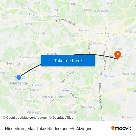 Niederkorn, Maartplaz Niederkuer to Alzingen map