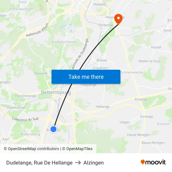 Dudelange, Rue De Hellange to Alzingen map