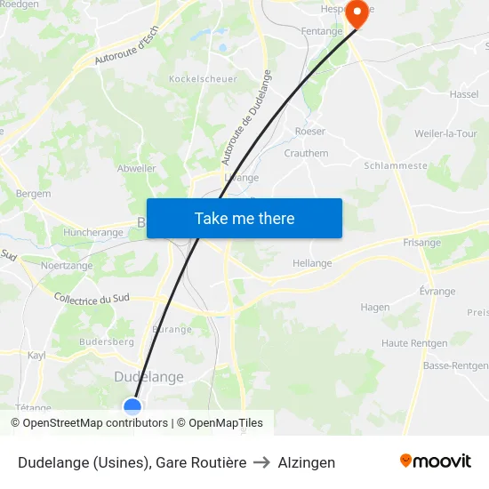 Dudelange (Usines), Gare Routière to Alzingen map