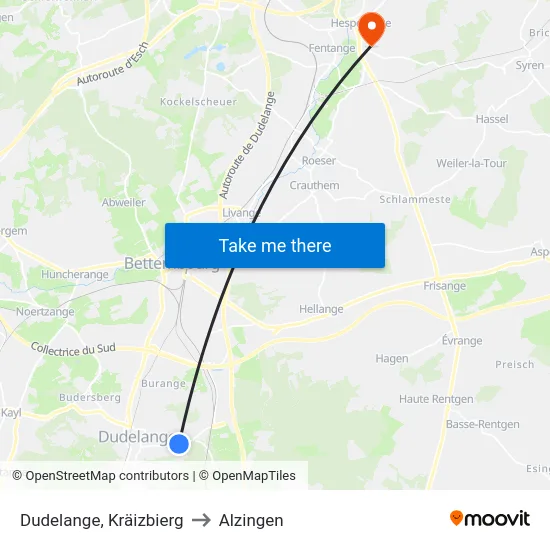 Dudelange, Kräizbierg to Alzingen map