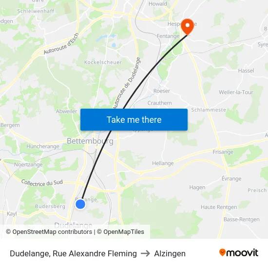 Dudelange, Rue Alexandre Fleming to Alzingen map