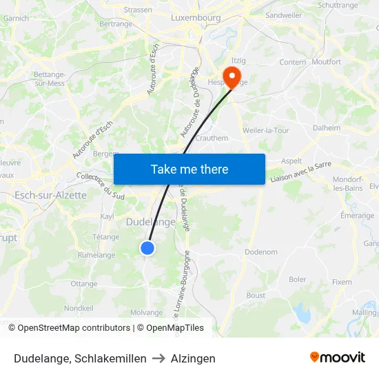Dudelange, Schlakemillen to Alzingen map